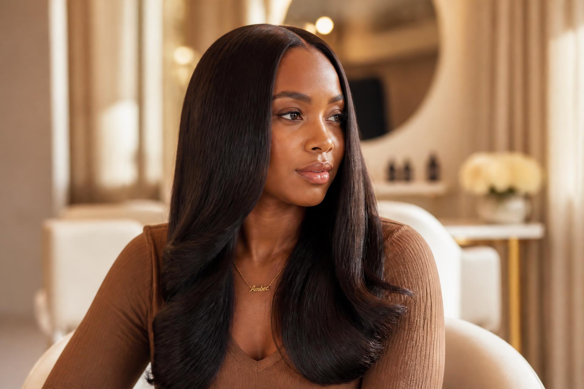 Guest with a glossy silk press in the warm, light-filled Carmie Hair studio in Miramar, Florida