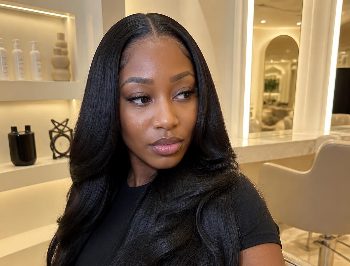 Seamless sew-in weave install with natural leave-out blended at Carmie Hair